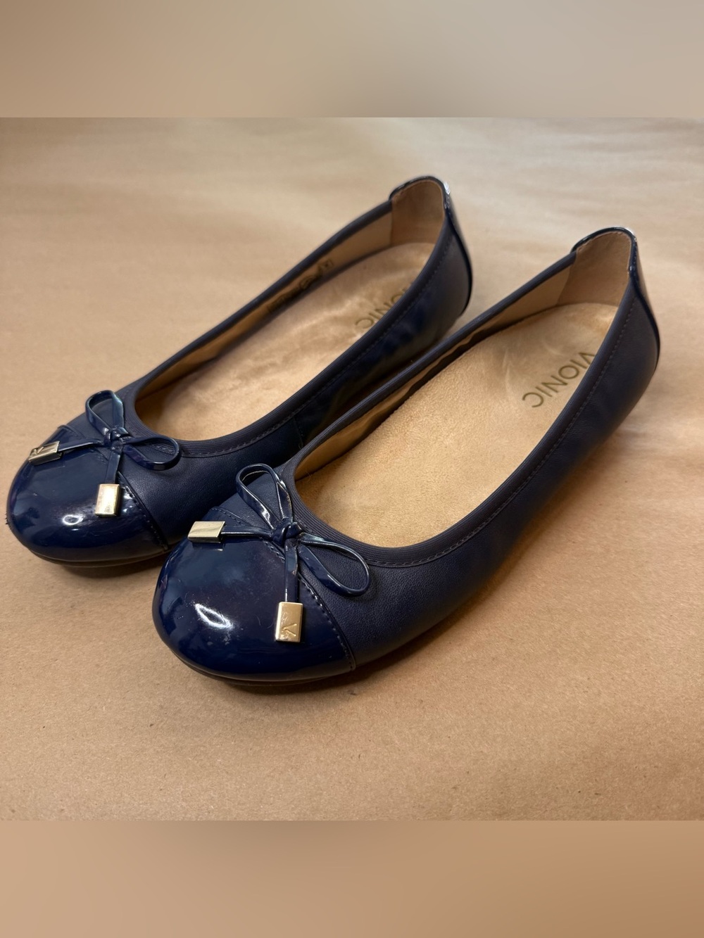 Vionic Navy Patent Toe Bow Ballet Flats